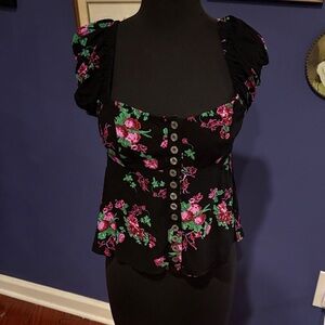 Free People Black Floral Blouse with Pink and Green